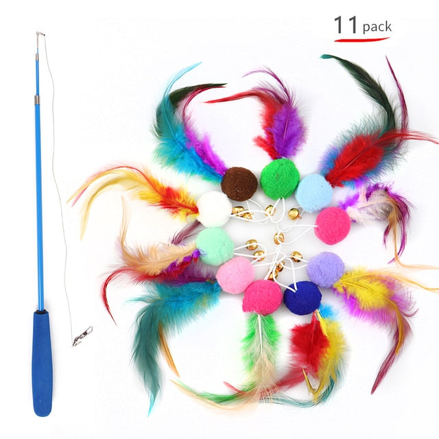 Retractable Cat Feather Wand – 11-Piece Interactive Toy Set