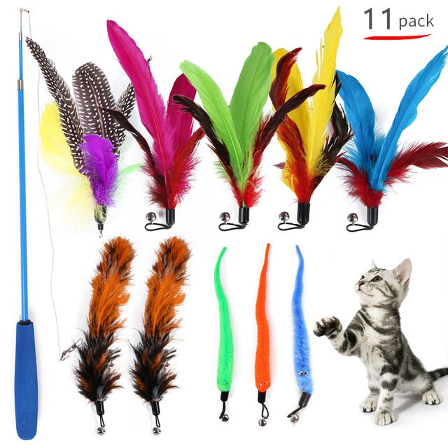 Retractable Cat Feather Wand – 11-Piece Interactive Toy Set