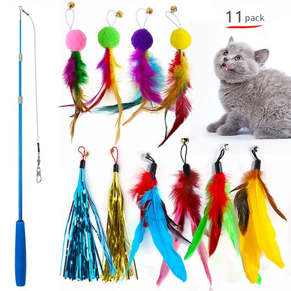 Retractable Cat Feather Wand – 11-Piece Interactive Toy Set