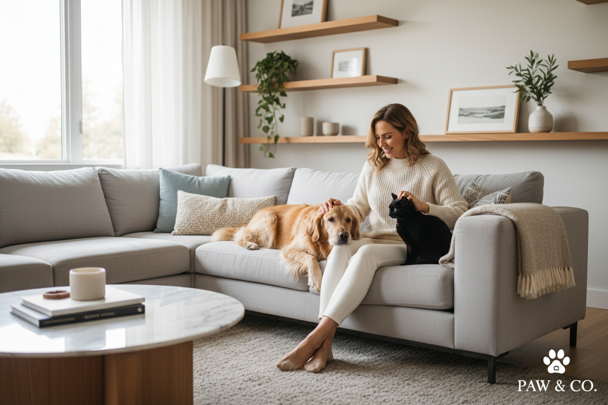 Femme prenant soin de son chat et chien